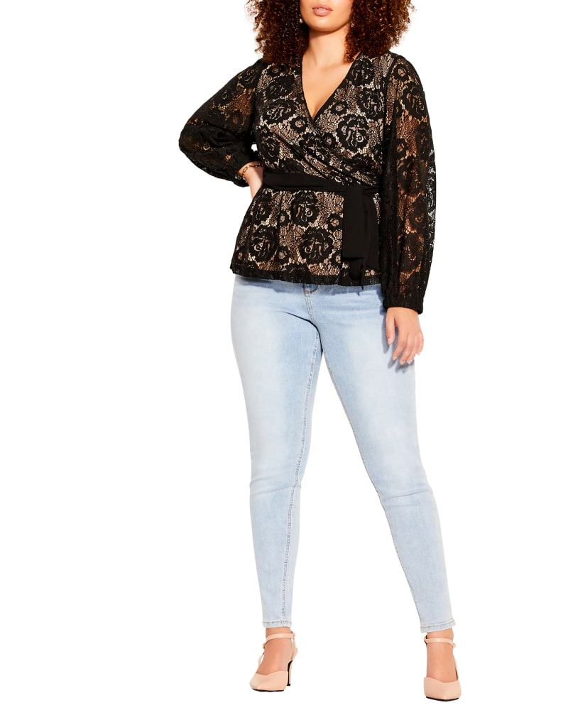 Front of a model wearing a size XL TOP LACE FLY AWAY in Black/Nude by City Chic. | dia_product_style_image_id:320565